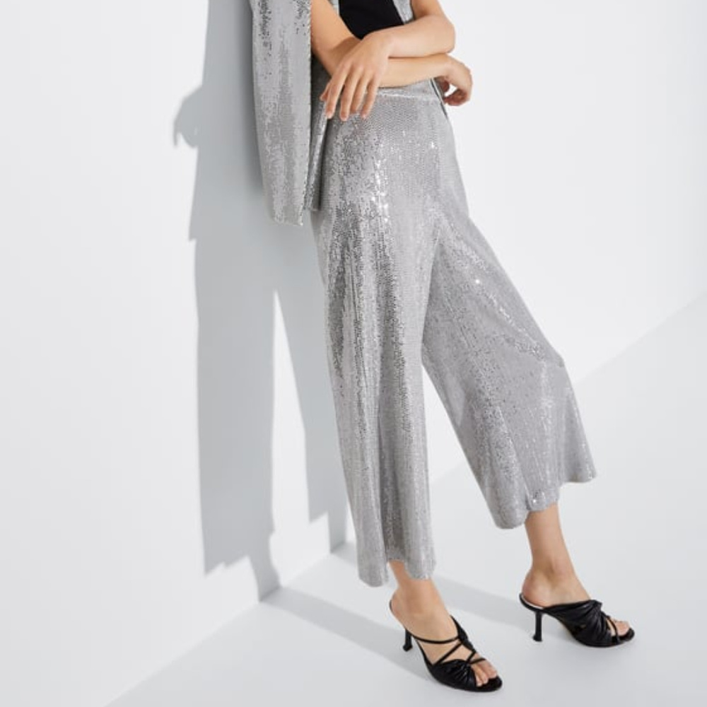 Zara Silver Sequin Culotte- Wide Leg Pants- Small